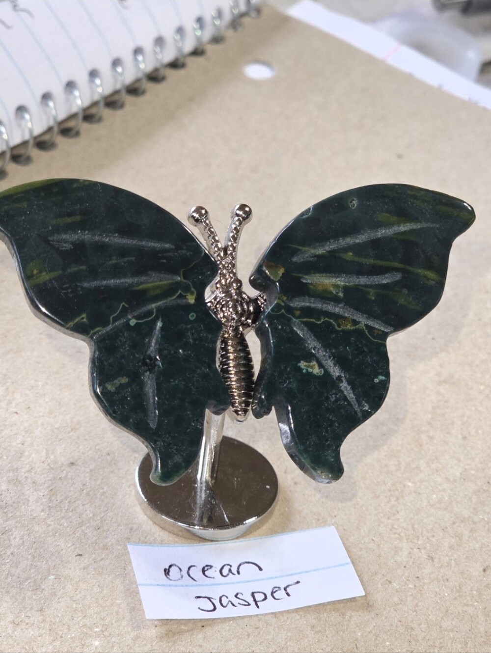 Ocean Jasper Crystal Butterfly Figurine with Silver-Tone Body